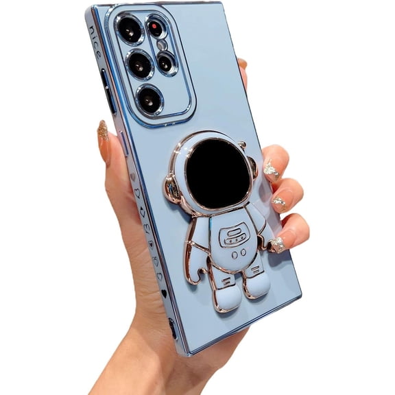 Compatible with Samsung Galaxy S23 Ultra 5g 6D Plating Astronaut Hidden Kickstand Case Luxury Cute Heart Cover with Camera Protection Soft Silicone Shockproof Stand Holder Bumper (Blue)