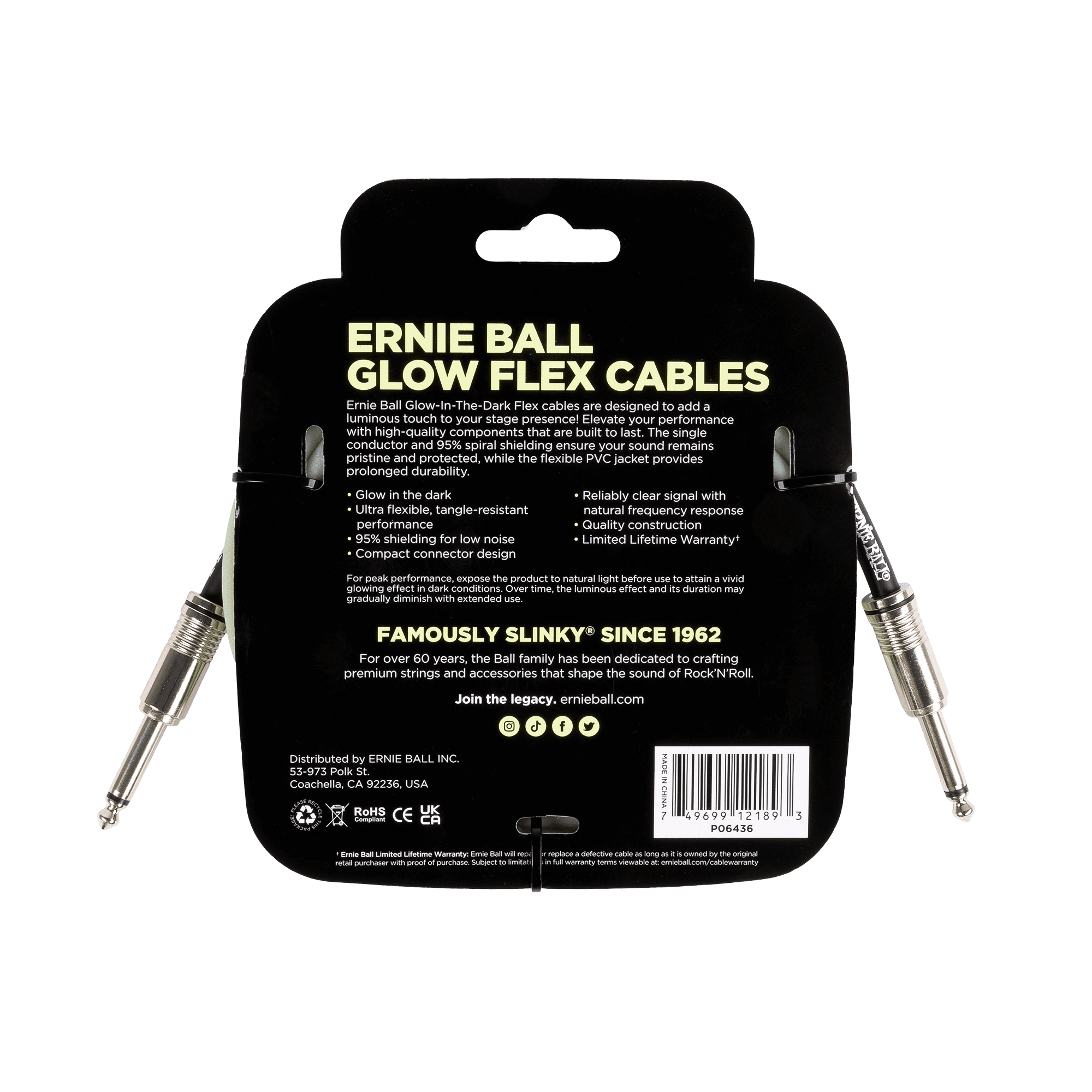 Ernie Ball Flex Instrument Cable Straight/Straight 20ft - Glow in Dark
