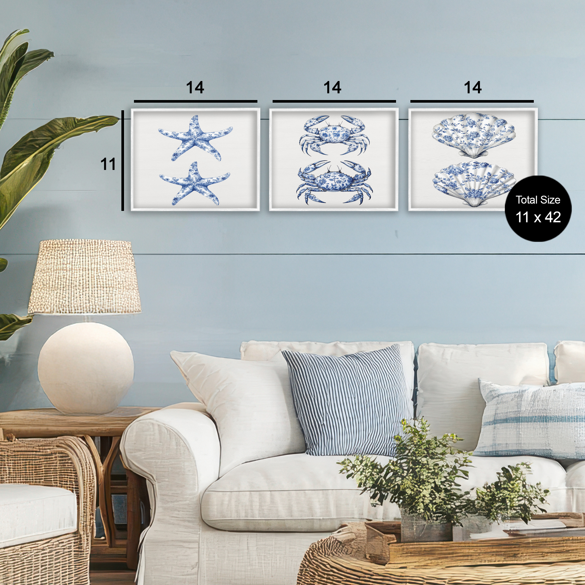 Vintage Toile Starfish & Crabs 3 Piece White Framed Giclee Art Set, design by Lettered and Lined