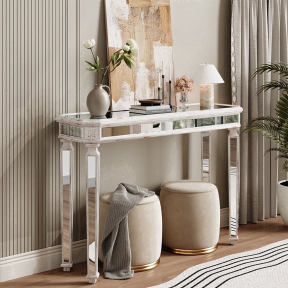 Atumcto 48" Modern Vintage Mirrored Console Table with Wood Grain & Carved Edge, Decorative Entryway Accent Sofa Table for Home Living Room & Hallway