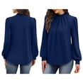 thumbnail image 2 of Camisas de Larga para Mujer, Blusas de Cuello Alto con Pliegues Delanteros, Ropa Informal Elegante para Otoño. Azul Marino L, 2 of 5