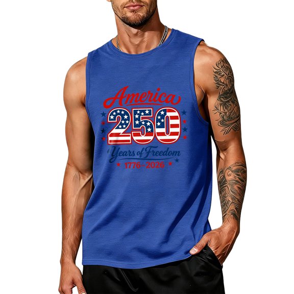 250 Anniversary Usa Tank Tops Men Crew Neck Sleeveless Patriotic Printed Casual Celebration Tunics Stretchy Summer Daily Tees ,4XL,#01 Blue