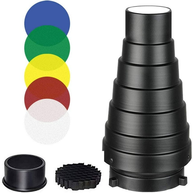 Kit de snoot cónico de estudio de aleación con rejilla de panal y 5 filtros de color para Bowens Mount Strobe Moonlights Flash Speedlight Photography Light