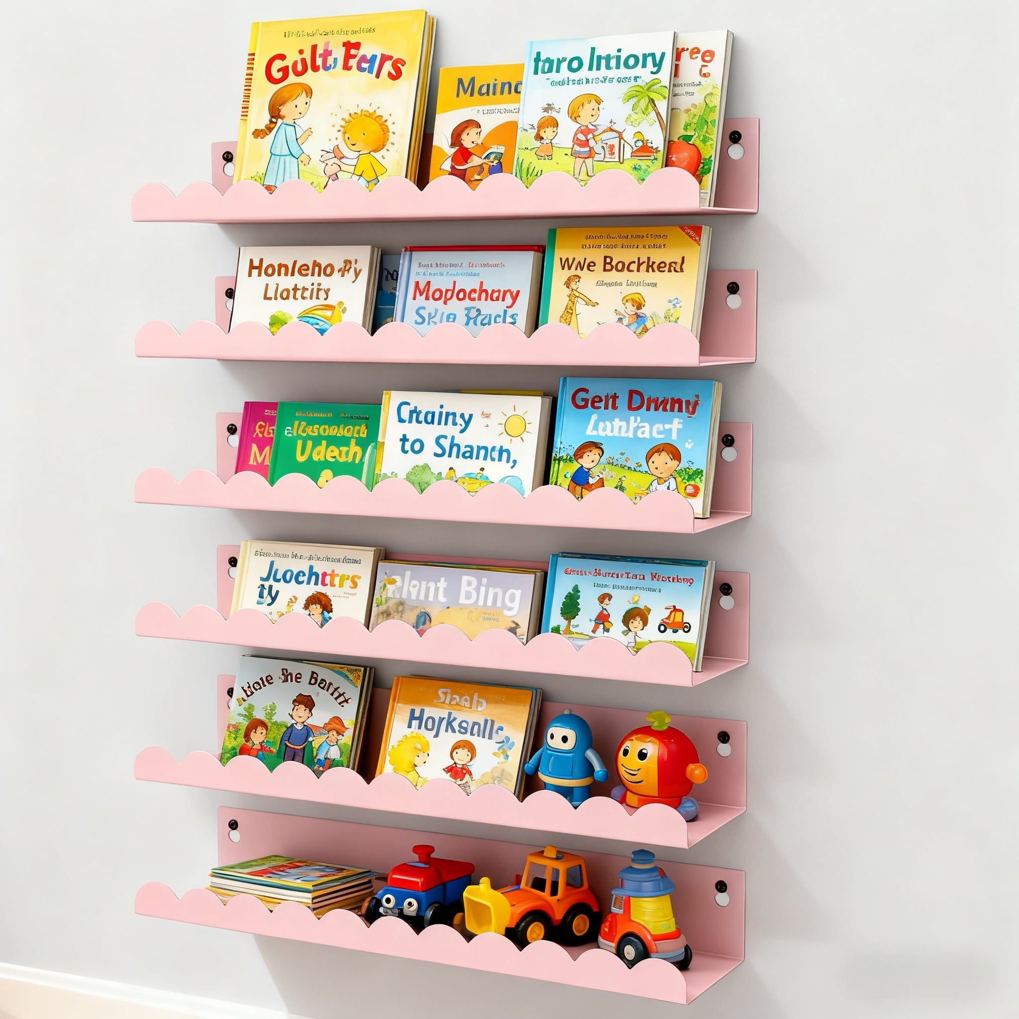 6-Piece Pink Metal Floating Shelves, 16" Cute Wall Bookshelf & Toy Display for Girls Room, Nursery