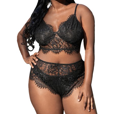 

Plus Size Women\ s Sexy Lace Lingerie Underwear Wireless Plunge Bra Knickers Set