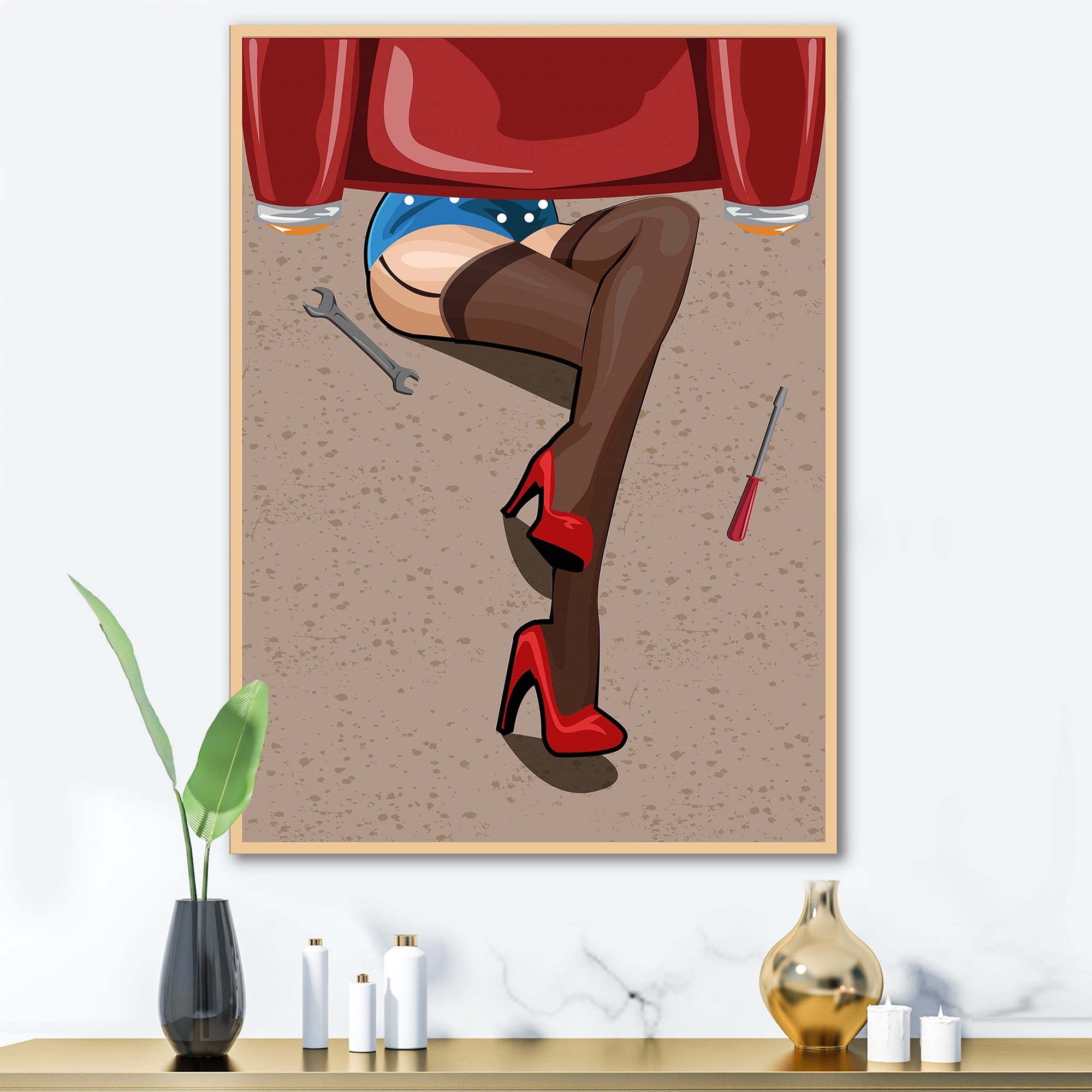 Designart ' Retro Sexy Girl Repairing The Car ' Modern Canvas Wall Art Print