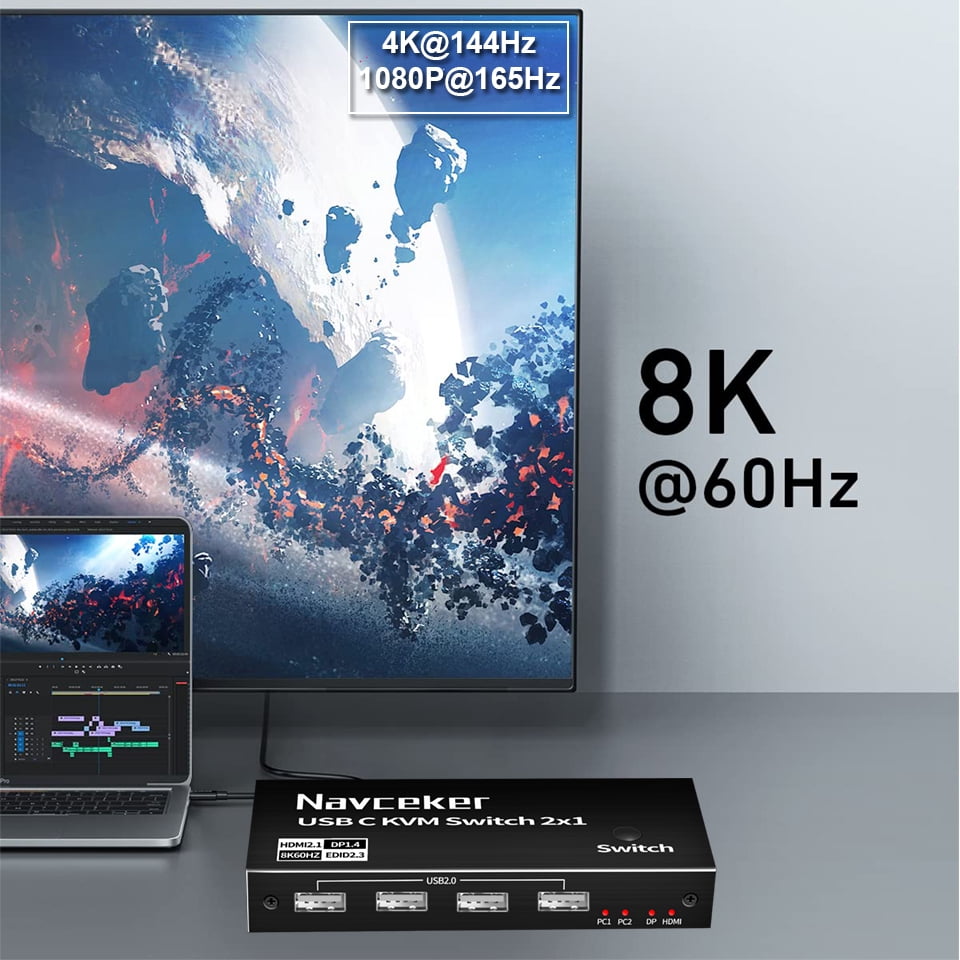 2x1 USB-C KVM Switch,AUBEAMTO 8K 60Hz USB-C Switch Box, 2 PC Input 1 DisplayPort / HDMI Monitor Output, 2 Laptop Share 4 USB Devices Support One Button switching for Macbook Laptop PC