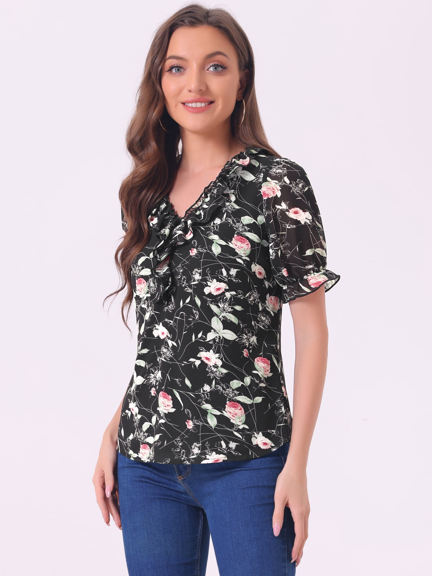 DARING DIVA Women's Ruffle V Neck Puff Blouse Top M Black Red
