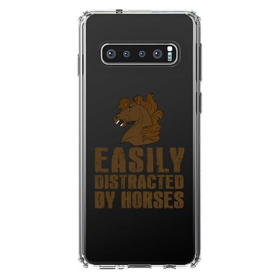DistinctInk Clear Shockproof Hybrid Case for Samsung Galaxy S10+ PLUS (6.4" Screen) - TPU Bumper Acrylic Back Tempered Glass Screen Protector - Easily Distracted By Horses