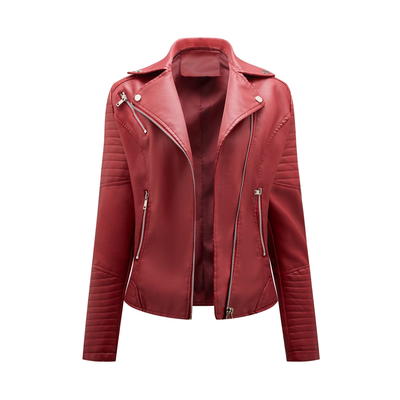 IROINNID Women's Short Faux Leather Jacket Notch Lapel Solid Color Long Sleeve Casual Warm Jacket Slim Winter Hoodless Coats, Wine