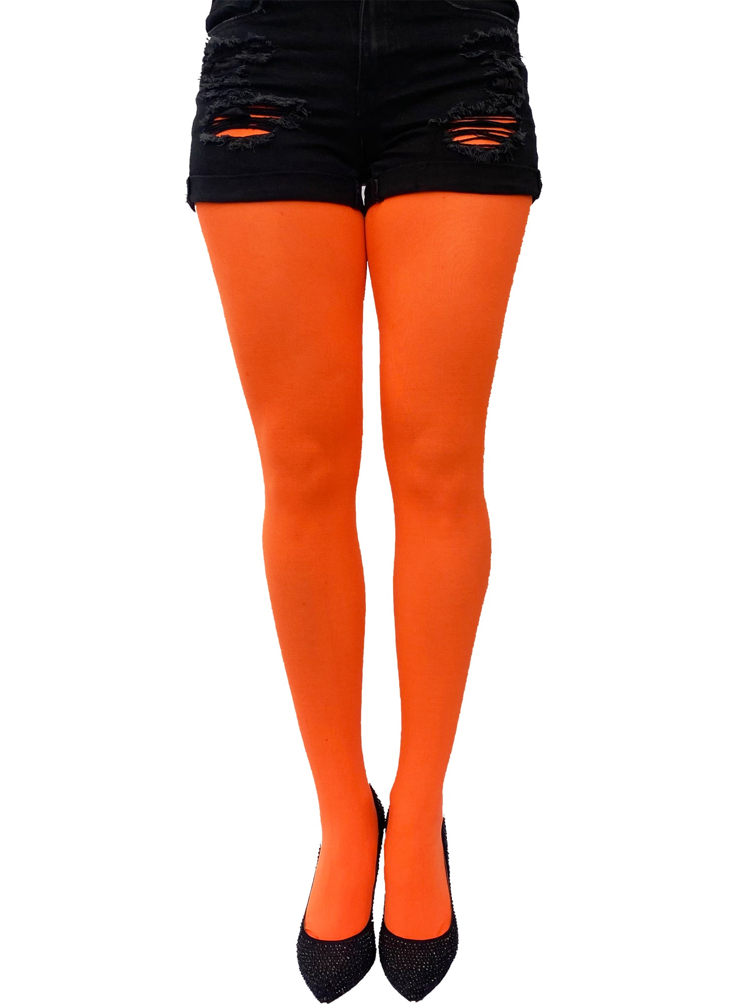 Neon Orange Opaque Full Footed Tights, Pantyhose for Women