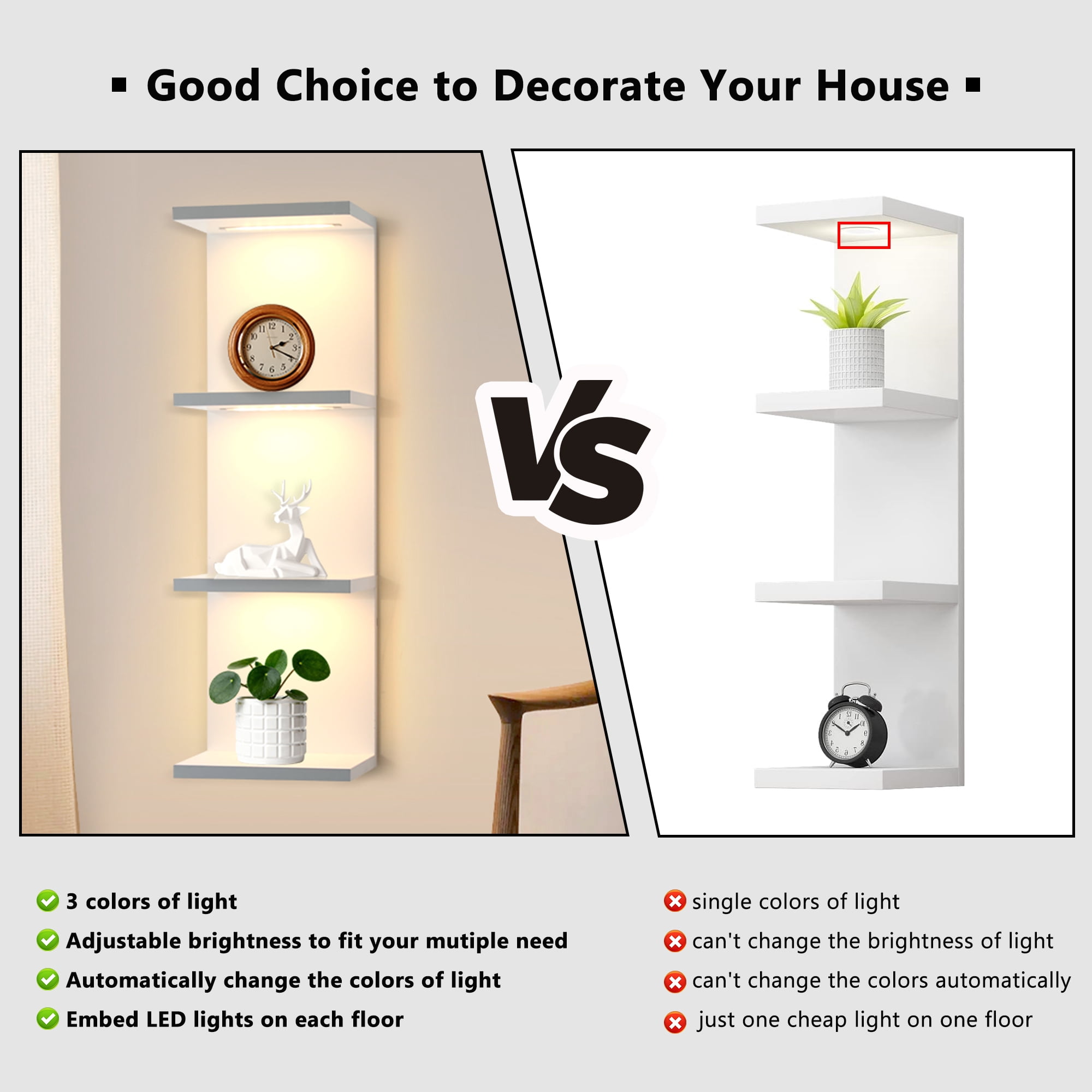 Versatile 4 Tier Wall Shelf Unit,White Lack Wall Shelf,Display Floating Shelf with LED Remote Control Light