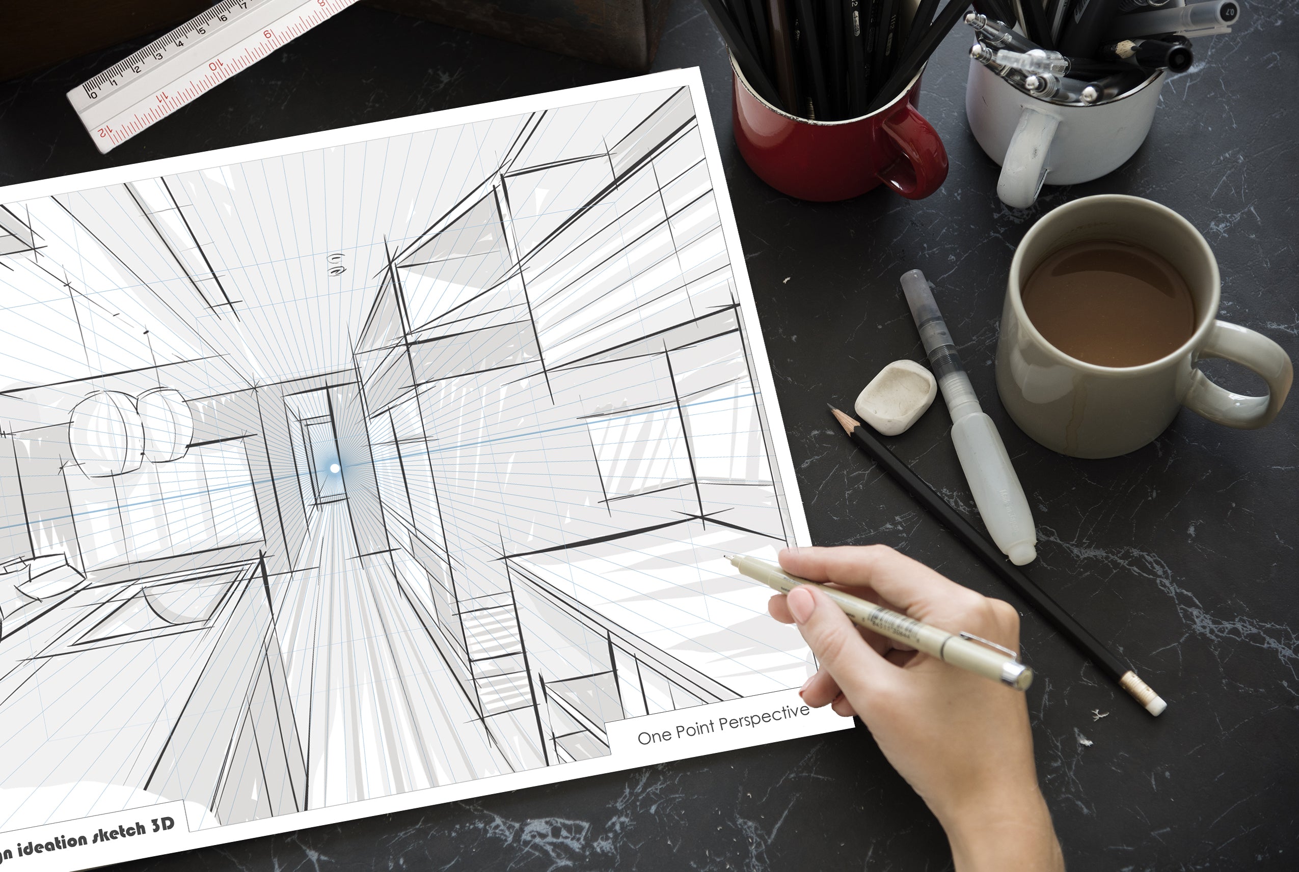 Perspective Grid Pad. Removable Sheets. Mixed Media Paper. Reinforced Lay Flat Binding. 1 Point. Blue. (8.5" X 11") PAD-2550-TS-H (2 Pads)