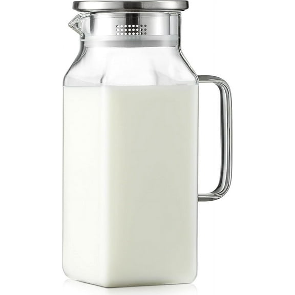 Glass kettle with lid and spout, handle, suitable for refrigerator, borosilicate glass water bottle for hot/cold drinks, large kettle for iced tea, coffee, juice, milk, beverages