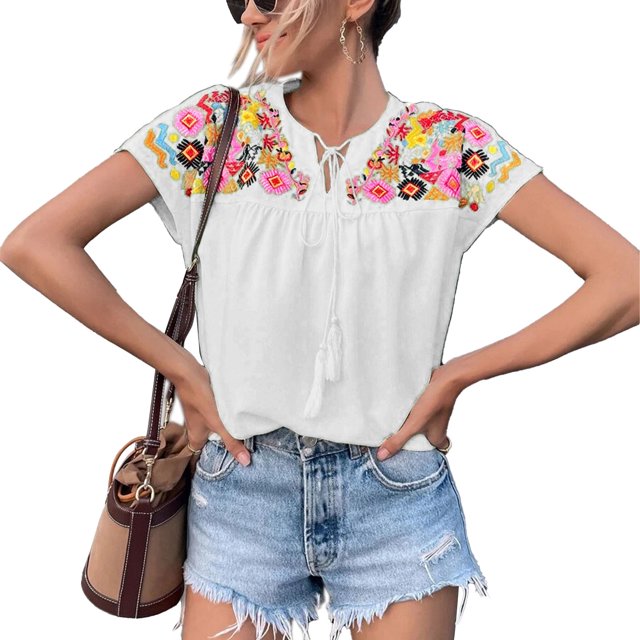 Chemise Décontractée à Manches Courtes pour Femmes, Blouse Brodée Vintage Col Rond pour Travail pour Bureau pour Magasinage