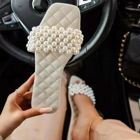 

RichYS Women Sandals Comfortable Beads Fashion Square Head Solid Color Sandals