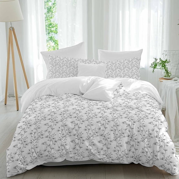 3 Piece Grey Spring Floral Duvet Cover Set Queen Size,Microfiber Comforter/Quilt Cover with Corner Ties and 2 Pillowcases,Elegant Watercolor Summer Botanical All Season Bedding with Zipper Closure