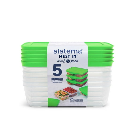Sistema Nest It Meal Prep Food Storage Containers with Lids, 2 Compartments, 3.7 Cups, 5-Pack, Green