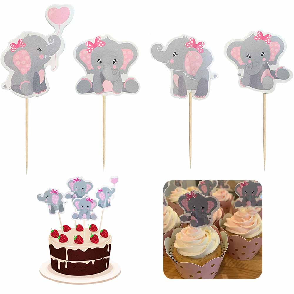EIMELI 48 Pieces Pink Elephant Cupcake Toppers for Girl Baby Shower Decorations Supplies, Baby Girl Birthday Party Supplies (Double Sided)