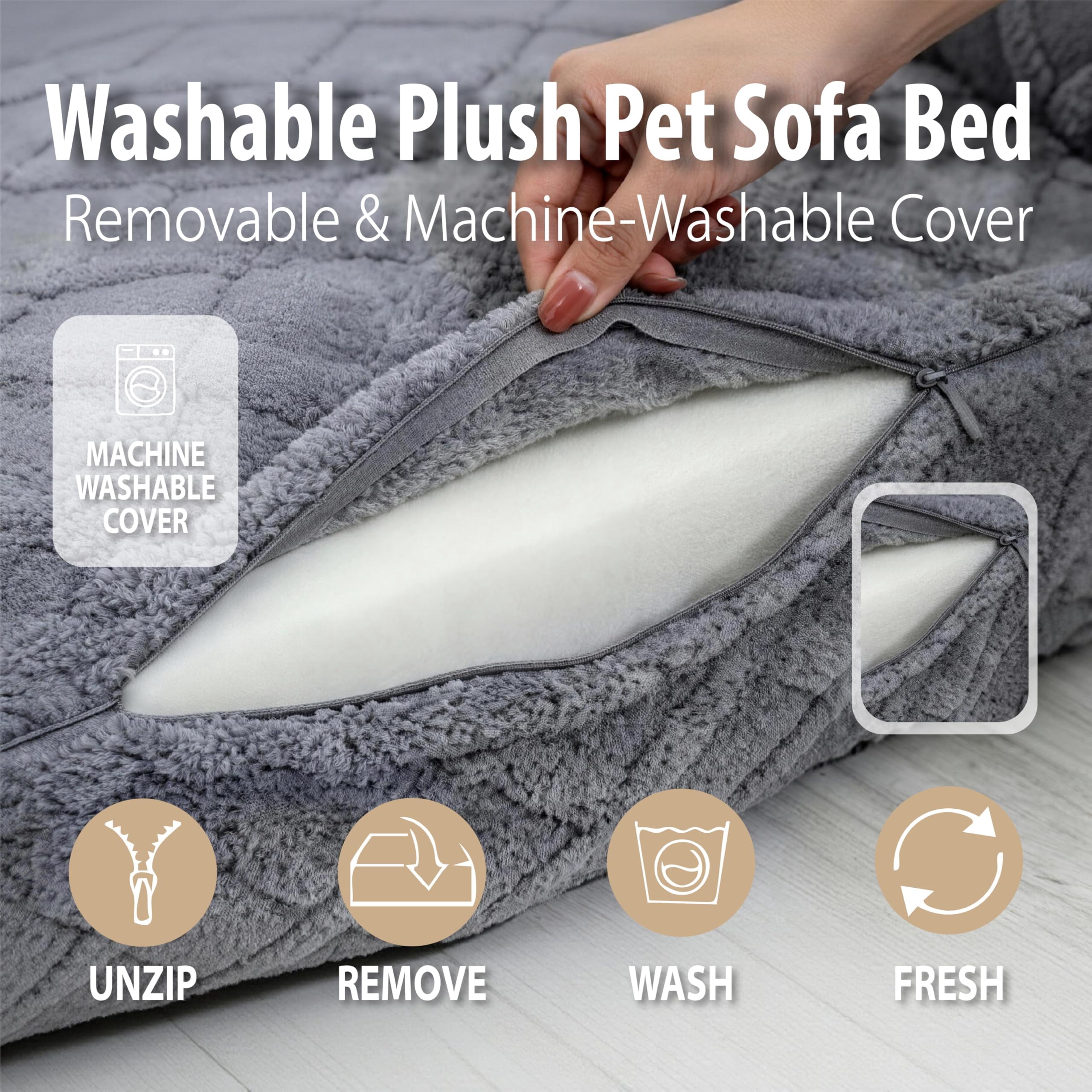 Plush Calming Pet Sofa Bed – Large Dog & Cat Couch Bed with Removable Cover, Furniture Protector Mat for Couch & Car, Soft Cozy Pet Bed