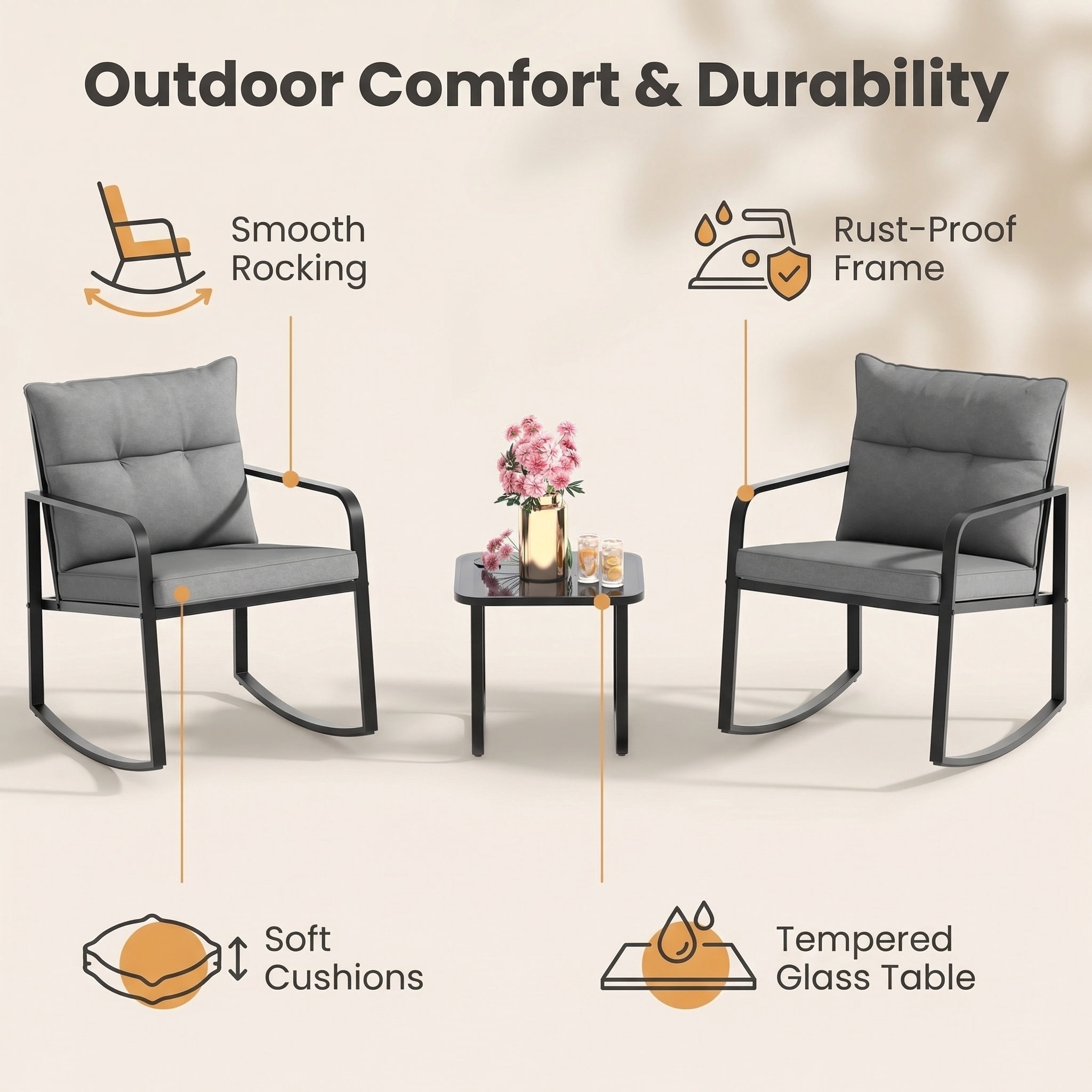 Lofka 3-Piece Outdoor Rocking Patio Furniture Set, Weather-Resistant Iron Frame with Tempered Glass Table & Cushions for Garden Poolside