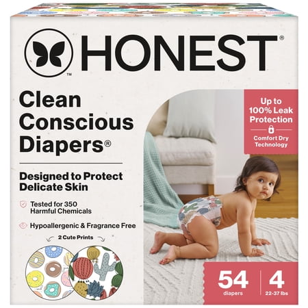 The Honest Company Clean Conscious Diapers® Up to 100% Leak Protection I Designed to Protect Delicate Skin I Hypoallergenic + Fragrance Free | Donut Grow Up + Cactus Cuties, Size 4, 54 Count Club Box