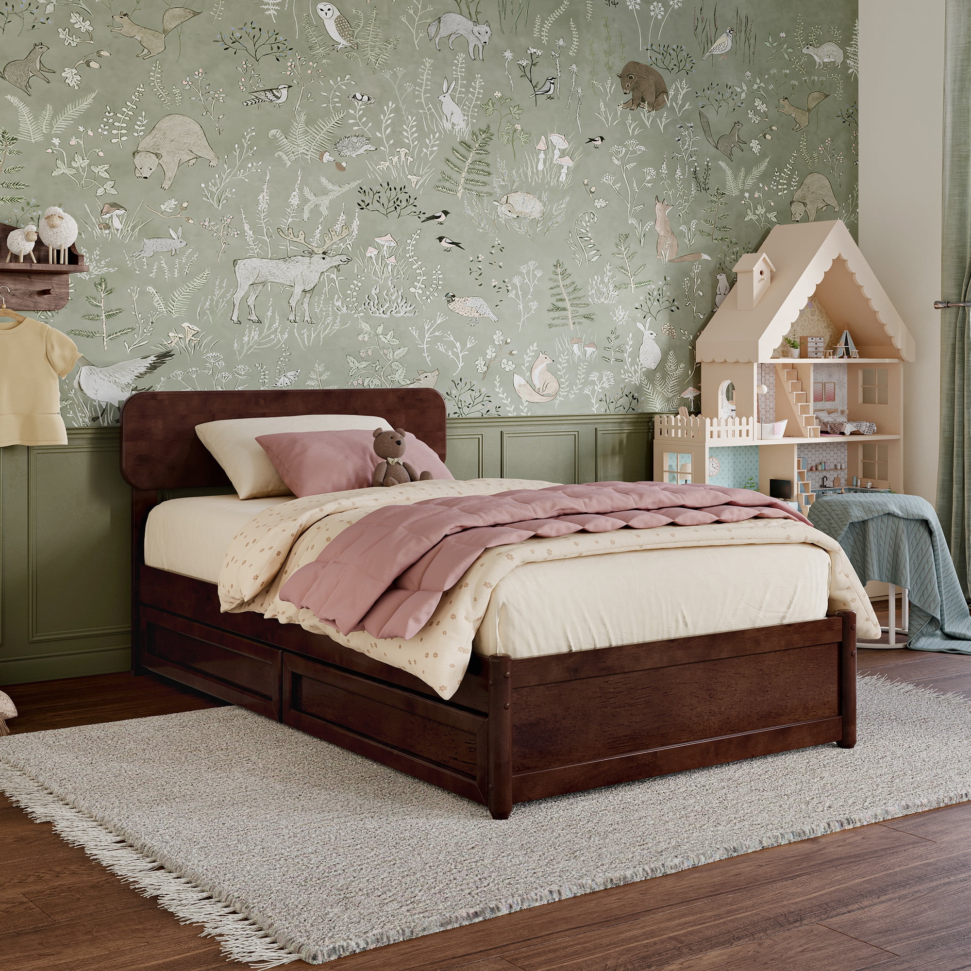 AFI Capri Twin Solid Wood Platform Bed with Panel Footboard and Storage Drawers, Walnut