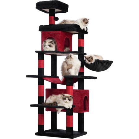 Gothic Cat Tree, 70-Inch Cat Tower for Indoor Cats, Multi-Level Plush Cat Condo with 8 Scratching Posts, 2 Caves, 2 Perches, Hammock, Basket, Pompom, Black and Red