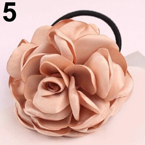 red EJY Hair Band Rope Camellia Flower Ponytail Holder Hairband Floral Wrist Corsage Wedding Accessory 