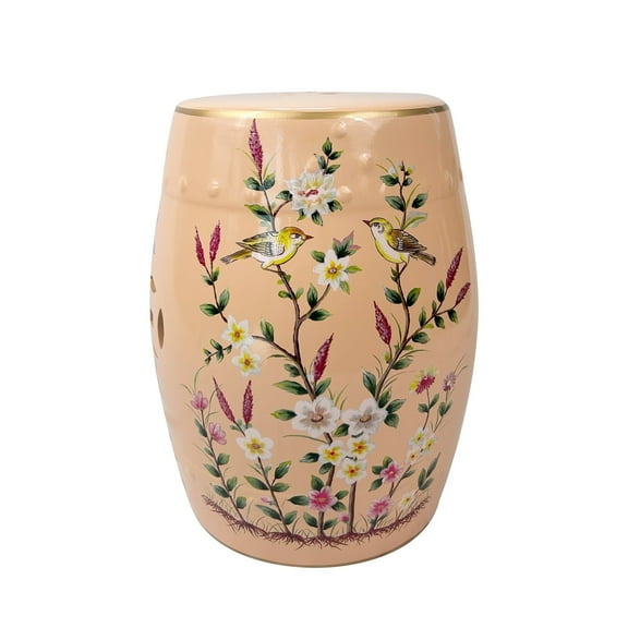 Floral - Bird Painted Pink Ceramic Garden Stool