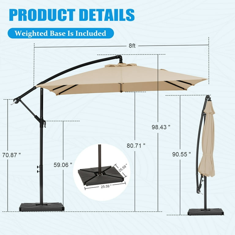 JUSTLET 8'x8' Outdoor Hanging Cantilever Umbrella, Square Crank