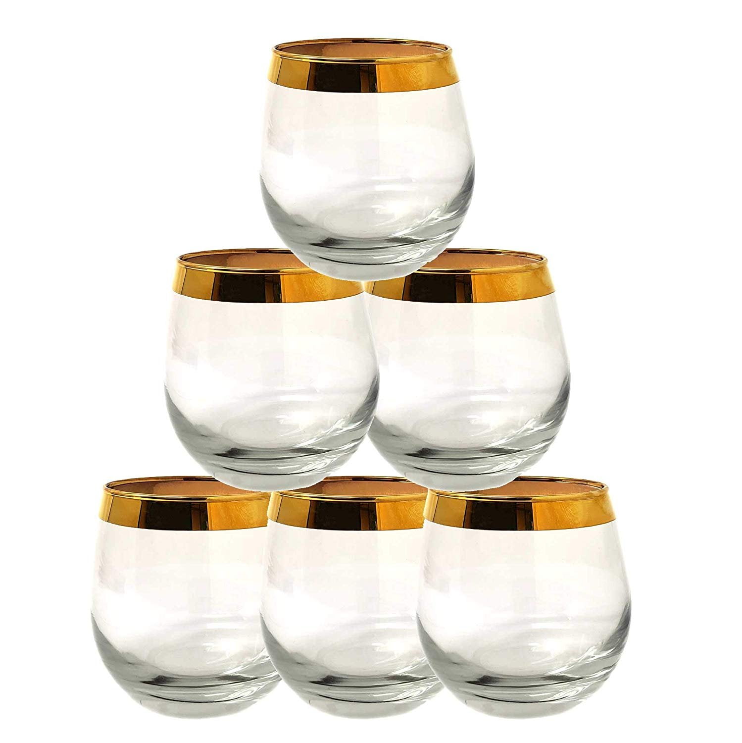 Set of 6 Gold Rim Luxury Design Stemless Wine Glasses,Clear Solid Base
