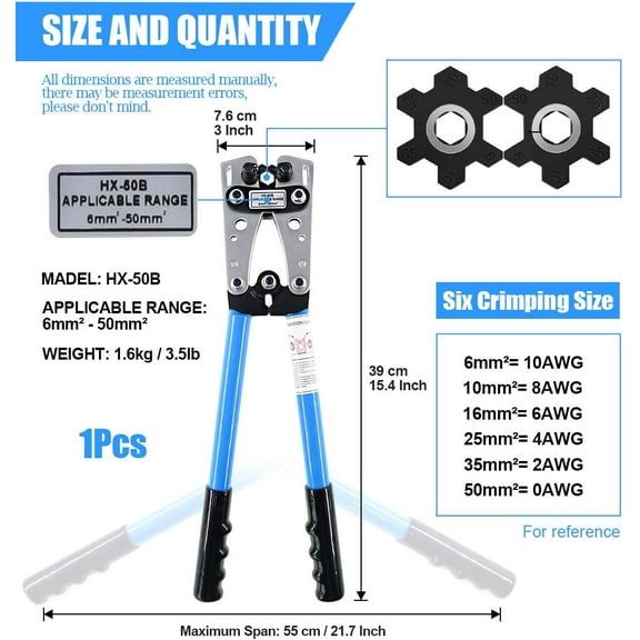 Wire Crimper Terminal Tool with  Cutter for 10, 8, 6, 4, 2, 1/0 AWG Copper Aluminum Wire