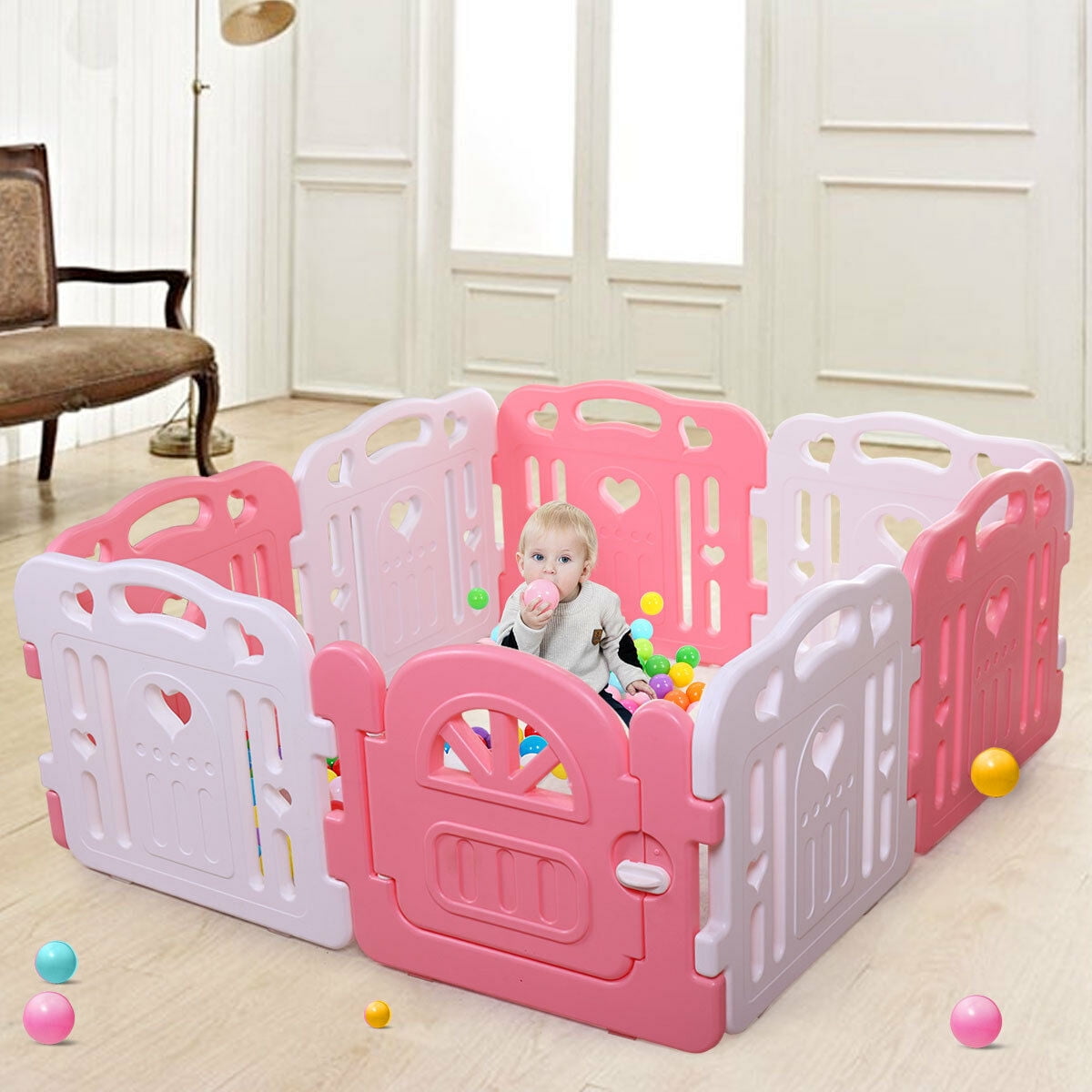 Private Jungle Safety Play Yard for Children, Lightweight Panel Play Activity Centre Yard for Kids Toddler Baby, Playpen with Gate & Safety Lock, 8 Panel Pink + White