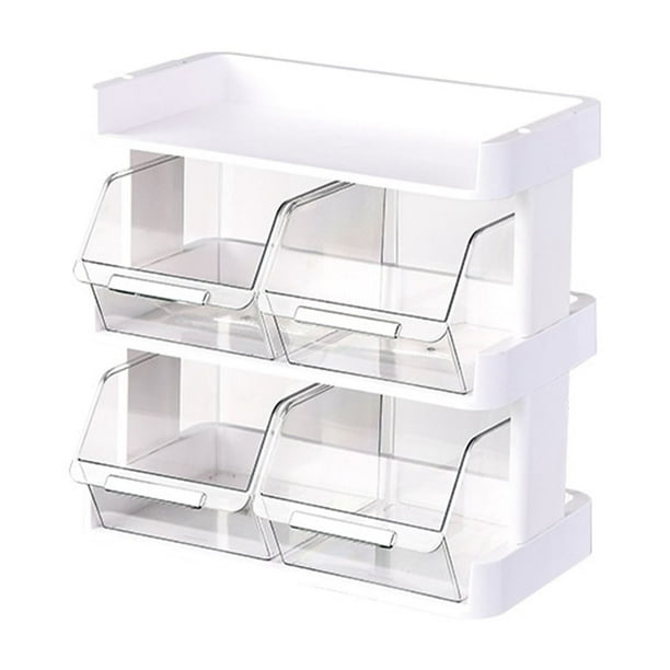 Organizador multifuncional para té y café con cajones transparentes, de plástico blanco, para refrigerios y artículos de despensa de oficina, disponible en dos tamaños.