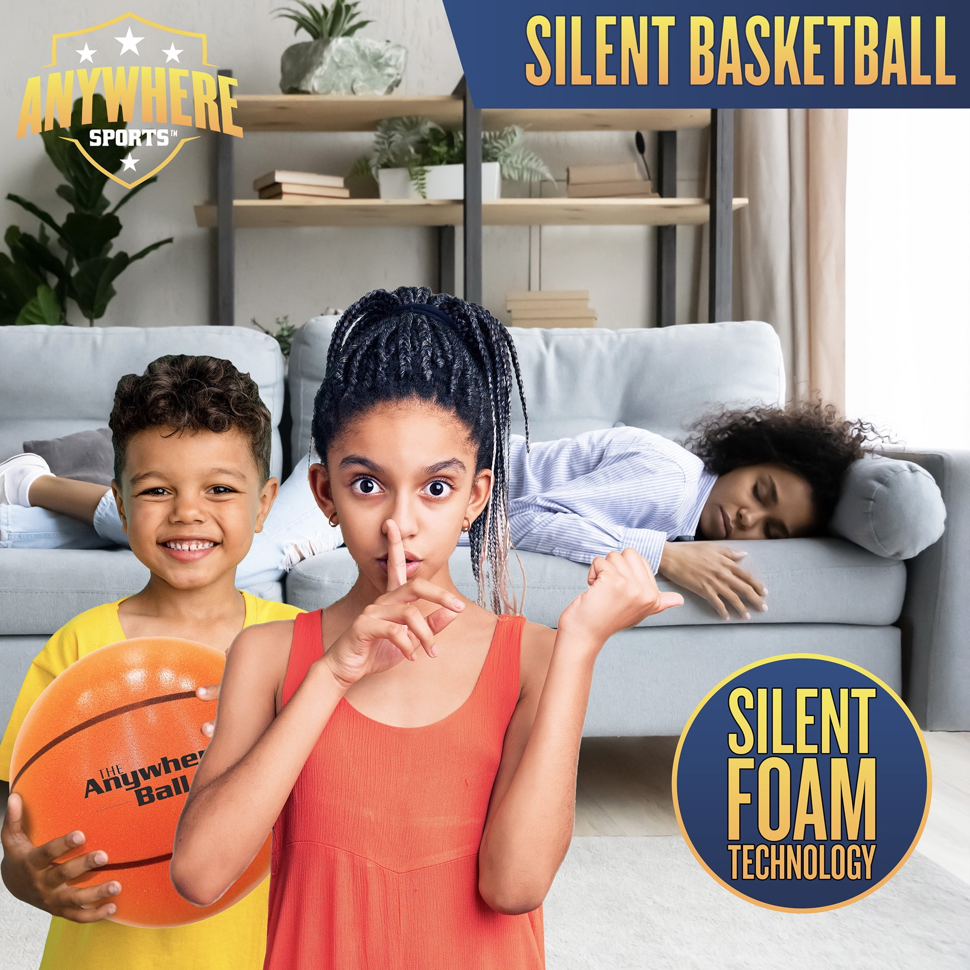 Anywhere Sports: Silent Basketball - 9.5" Orange Squishy Foam Ball, Official Size 7, Realistic Bounce, Quiet Indoor-Outdoor Play, Waterproof, Kids 3+