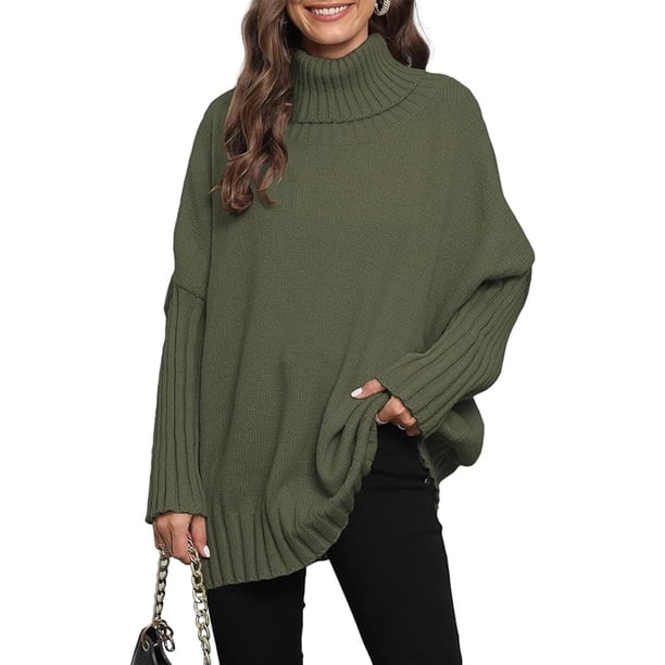 Suéter de invierno para mujer, suéter de punto de cuello alto de gran tamaño y cálido, suéter de punto con mangas de murciélago sueltas para otoño e invierno