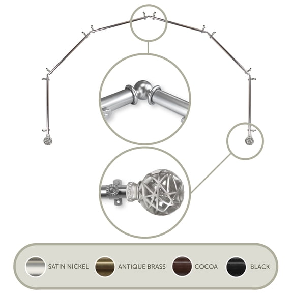 3/4" Dia Adjustable 6 Sided Bay Window Curtain Rod 28 to 48" (each side) in Satin Nickel with Matthias Finials,(6Bay-88-5)