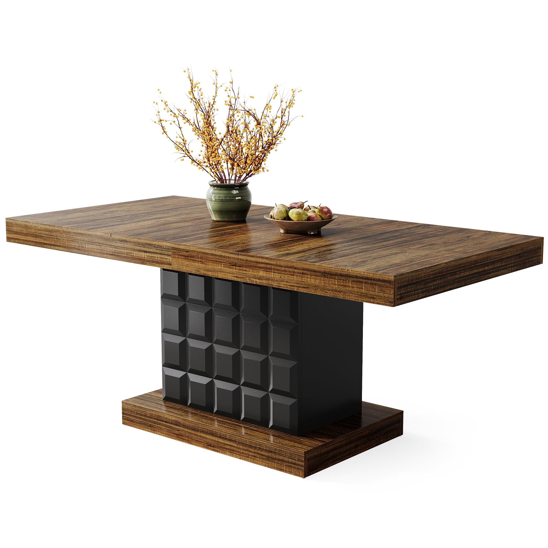 Fnova 63" Farmhouse Dining Table for 4-6 People, Wooden Rectangular Kitchen Table with Geometric Relief Pedestal Base, Easy to Assemble