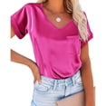 thumbnail image 1 of Camiseta Estrela de satén con cuello en V para mujer, camiseta informal de manga corta con bolsillo, cómoda y a la moda para mujer, Top rosa rojo S, 1 of 6