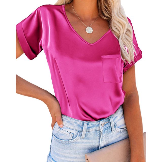 Camiseta de mujer de manga corta, cómoda y elegante, color rojo rosa, XXL, de satén, con cuello en V y bolsillo