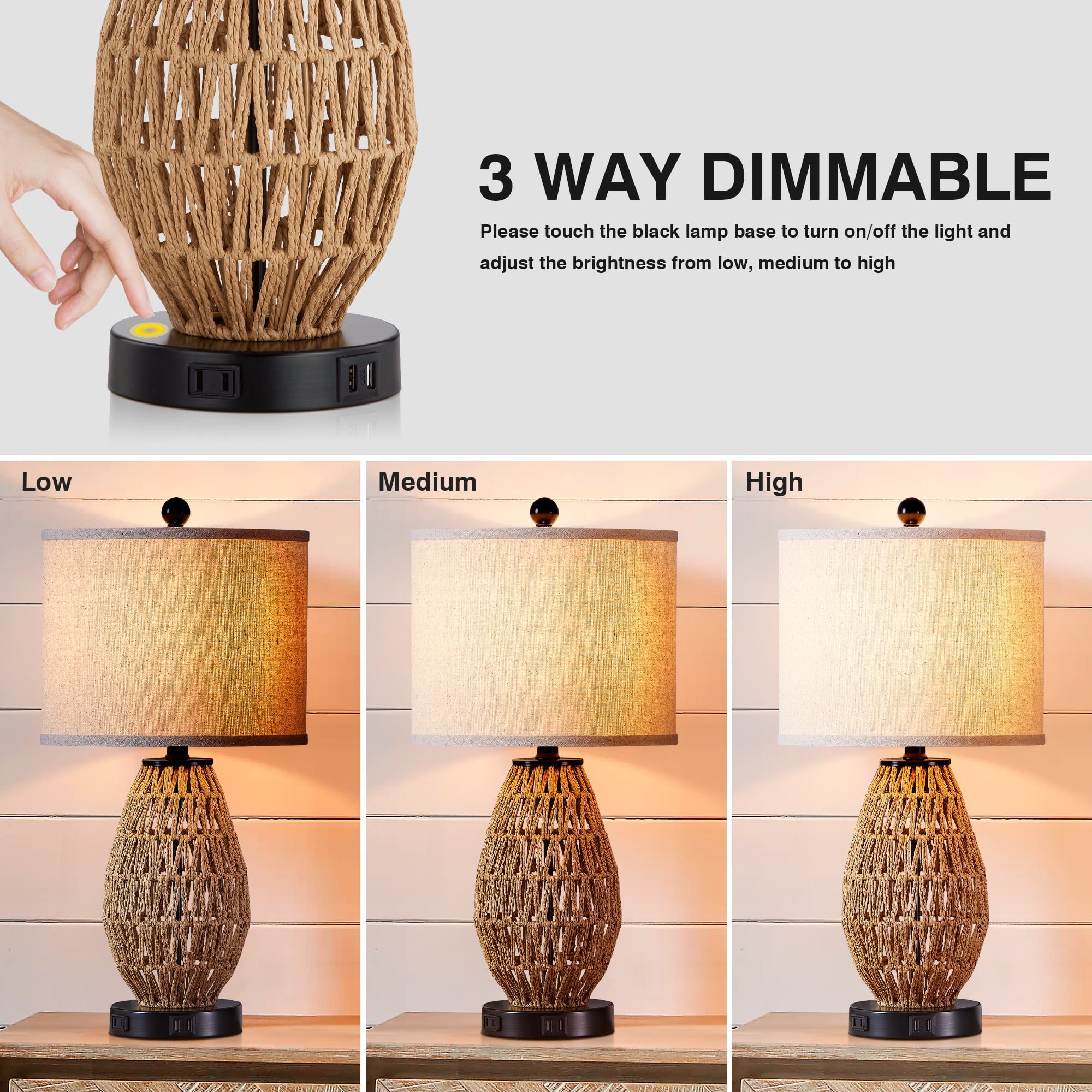 Cinkeda Rattan Table Lamps for Living Room Bedroom Modern 3 Way Dimmable Touch Nightstand Bedside Lamp with USB Ports AC Outlet