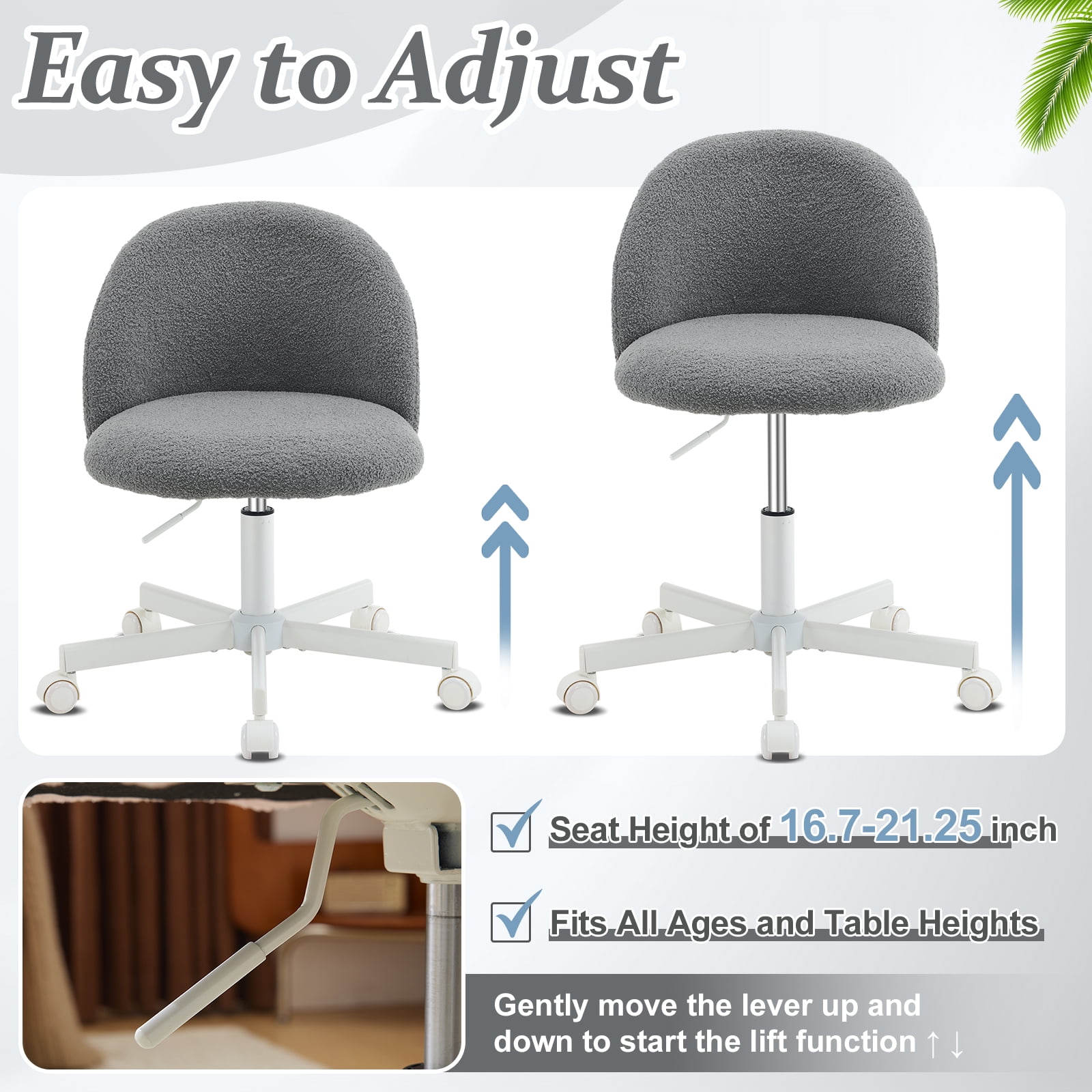 Ktaxon Armless Home Office Desk Chair Cute Mid Back Vanity Stool Teddy Velvet Swivel Task Chairs with Wheels Gray