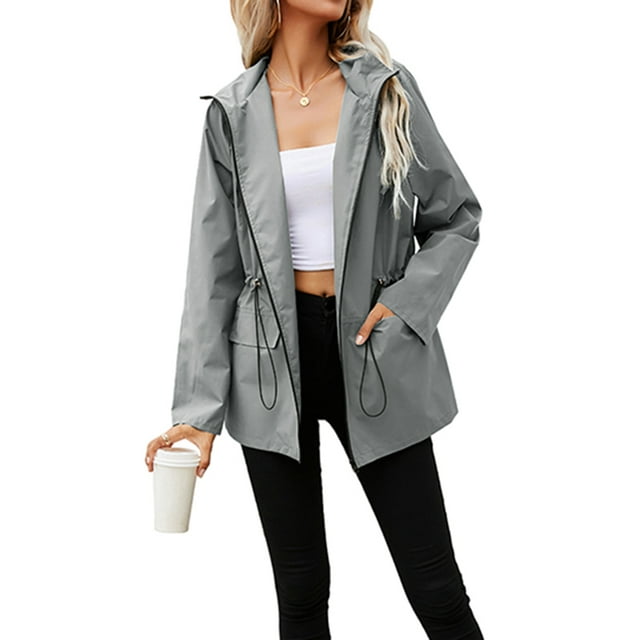 Women Zip Up Hooded Jacket Long Sleeve Waterproof Lightweight Jacket Outdoor Drawstring Jackets Windbreaker