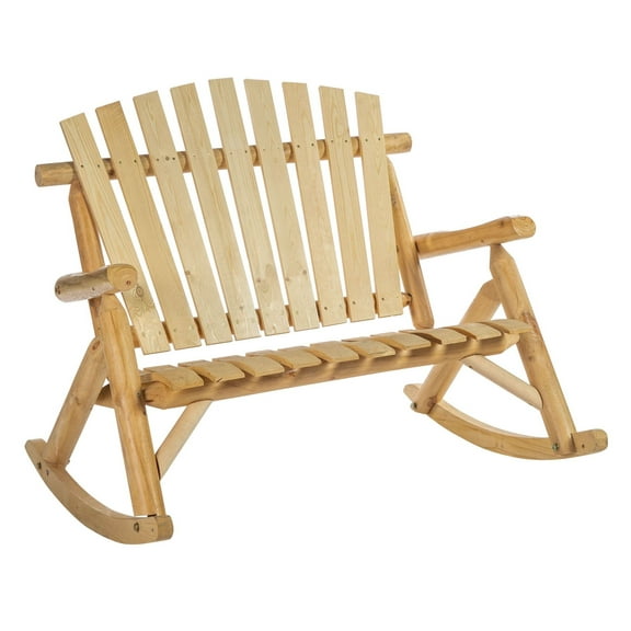 COCOKUN Outdoor Adirondack Rocking Chair Loveseat, 2-Seat Patio Wooden Rocker with Log Slatted Design & High Back for Lawn, Garden, Porch, Burlywood