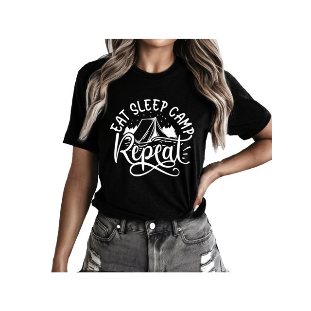 Eat Sleep Camp Repeat Women's Graphic T-Shirt Ladies Camper Tee Shirts Short Sleeve T-Shirt