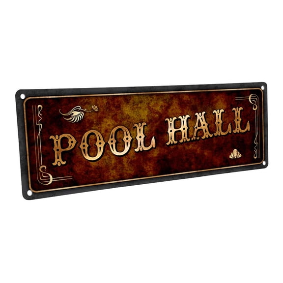 Pool Hall 4"x12" Metal Sign, Wall Décor for Mancave, Den, and Gameroom