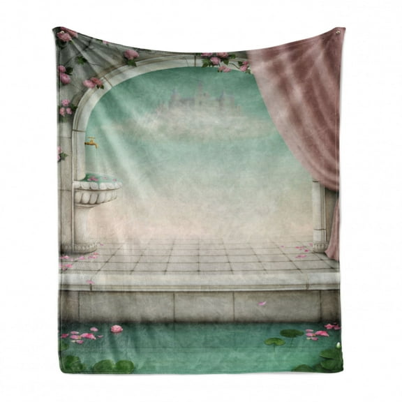 Vintage Soft Flannel Fleece Blanket, Pastel Design Fairytale Castle on Clouds Curtains of Royal Balcony, Cozy Plush for Indoor and Outdoor Use, 50" x 70", Mint Green Rose and Coconut, by Ambesonne