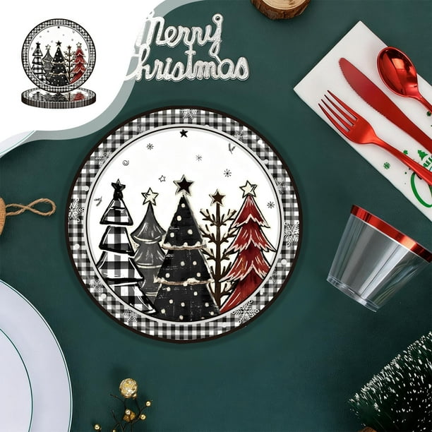 Juego de vajilla desechable para fiestas con diseño de árbol de Navidad a cuadros blancos y negros | 16/20 piezas de platos, vasos y servilletas de papel de 7 y 9 pulgadas | Vajilla navideña para