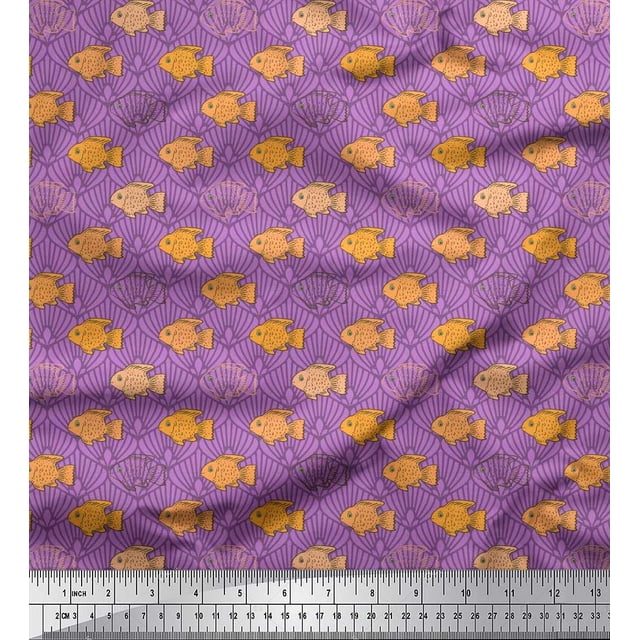 Soimoi Poly Georgette Fabric Fish & Shells Ocean Print Sewing Fabric Yard 42 Inch Wide